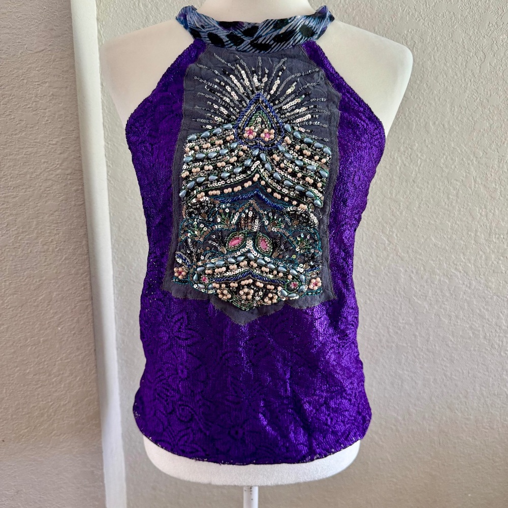 NWT Custo Barcelona Halter Beaded Silk Top Blouse Women's Size XS/S A‎